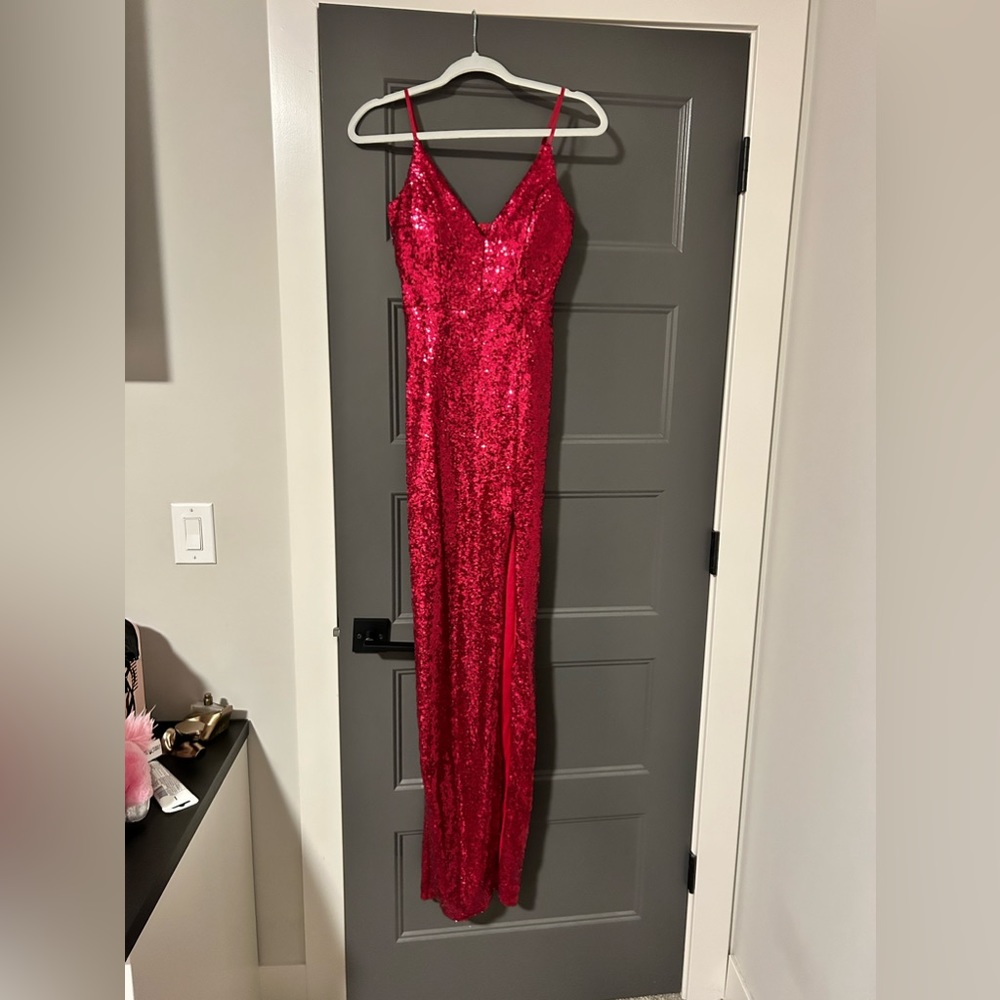 Pinkish Red Prom Dress. All sequins, Thin stretchy straps. Size Small (0-4).